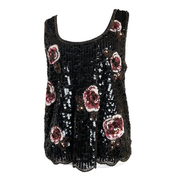 Forever 21 Top Black Pink Floral Sequin Beaded Sleeveless Whimsigoth Party Tank - Picture 3 of 9